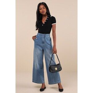 Lulus Trending Outlook Medium Wash High-rise Wide-leg Jeans Blue - Size L - NWT
